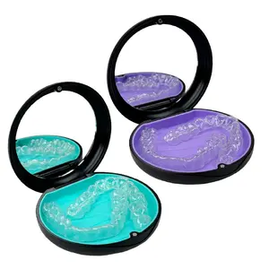 Oral Aligner Case with Mirror, 2-Pack Retainer Case for Invisalign Aligners, Night Guards (1 Black Cyan + 1 Black Purple)