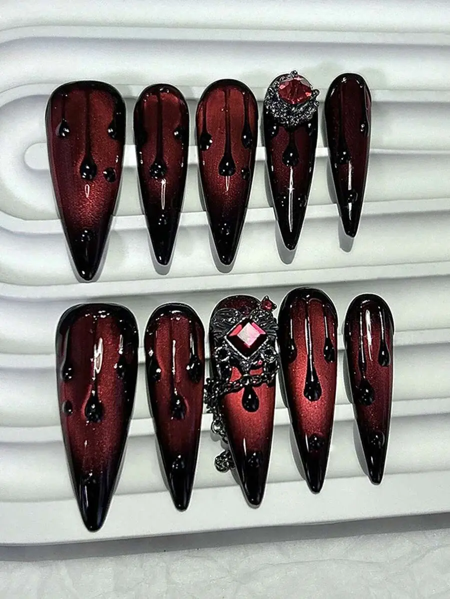 VELORA x 10pcs Deep Blood Red Sexy Nail Stickers, Handmade Red Cat Eye Blood Drop Vampire Red Diamond False Nail Tips, Long Nail Supplies (1pc Jelly Sticker + 1pc Nail File) Nails