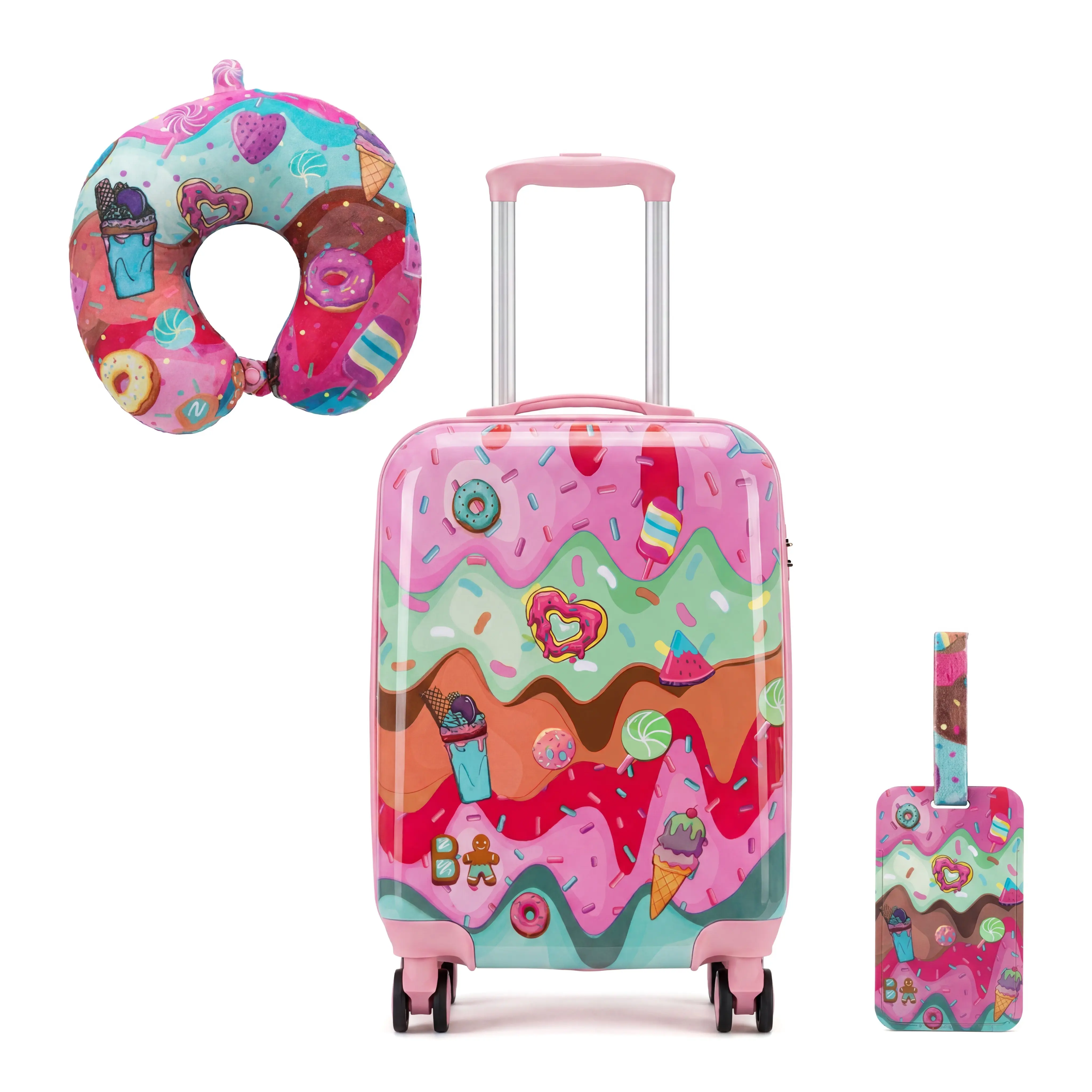 Chic Cute Kids' 3-Piece Donut Carry On Roller Luggage Set - Spinner Wheels Travel Bag Set, Lightweight Smooth-Rolling, Matching Cozy Neck Pillow & Tag for Little Girls, Luggagesets, Cute Luggage, 3-Piece Set