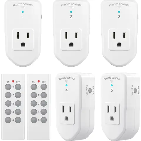 BN-LINK Safe Reliable Smart Home Plug Set - 5 Sockets, 2 Remotes, Long Range, Learning Code (5Rx-2Tx), 120V, 1200W/10A, White, Wireless Remote Control for Home Lights, Fans, Almost Any Electronic Device