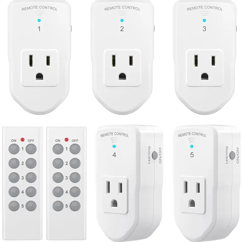 BN-LINK Safe Reliable Smart Home Plug Set - 5 Sockets, 2 Remotes, Long Range, Learning Code (5Rx-2Tx), 120V, 1200W/10A, White, Wireless Remote Control for Home Lights, Fans, Almost Any Electronic Device