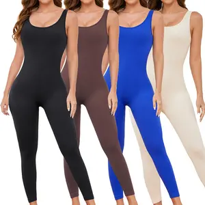 Kabuer Women's Workout Rompers Jumpsuits Seamless Ribbed Yoga Gym One Piece Sleeveless Square Neck Tank Top Leggings Fitness Outfit Athleisure Style Stylish Activewear