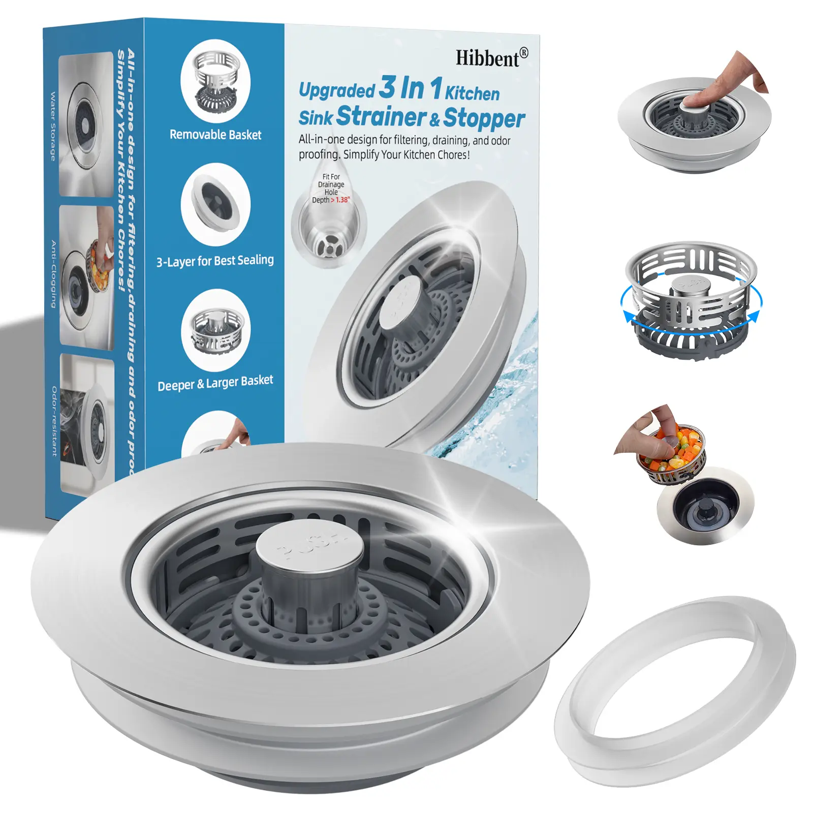 3-in-1 304 Rust-Resist Steel Brushed Nickel Kitchen Sink Drain Strainer, Solid All-Metal Body Plumbing Tool with Metal Handle, Popup Water Hold Stopper, Odor Block Gaskets, Easy Install, Modern Design, US Standard 3-1/2" Drain, Bathroom Accessory