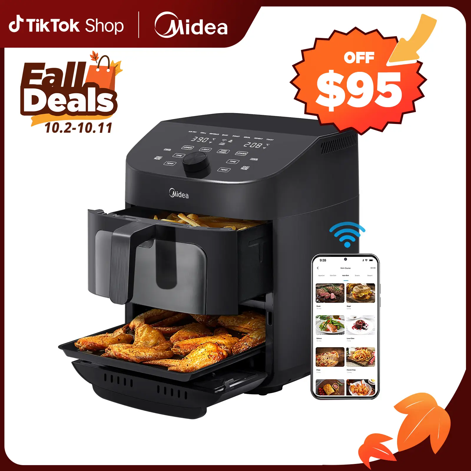 Midea 8 in 1 Dual Air Fryer, 11 Quart with 2 Independent Frying Baskets, Sync Finish, Wi-Fi Connectivity & 50+ App Recipes For Family-Sized Meals, Fal