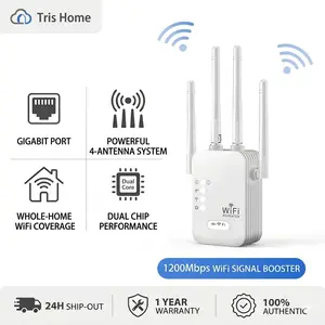 <1 YEAR WARRANTY>Tris Home WiFi Signal Amplifier 1200Mbps Dual-Band Booster 2.4GHz & 5GHz Extender with 6 High-Performance Antennas for Home & Office Long Range Wireless RepeaterAccess Point Signal Booster, 4-Antenna, Portable WiFi, WiFiControl