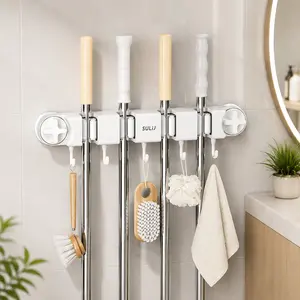 Wall Mounted Mop and Broom Holder, Self-Adhesive Organizer with 4 Racks and 5 Hooks for Kitchen, Bathroom, Closet