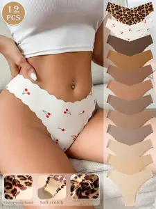 Women's Seamless Wave Hem Triangle Panties Leopard Cherry Pattern, Slim-Fitting Drop Waist Underwear, 12 Pcs Set, All Seasons, Seamless Garments