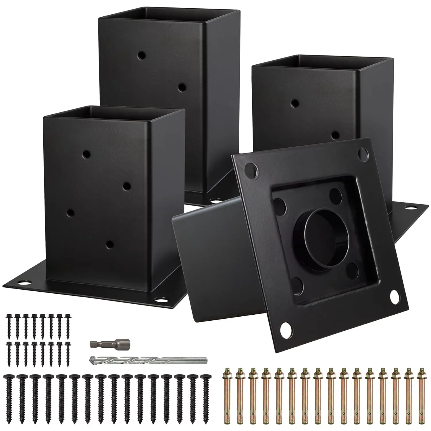 (4 PCS) 4x4 Steel Anchor Base with Bottom Drainage Hole, Black-Coated Brackets for Fence Posts, Pergola, Mailbox, Includes 16 External Hexagonal Screws, 32 Screws with Drill Connector & Concrete Anchors, Drill Bits