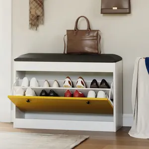 Modern Shoe Storage Bench with Turnover Drawer – 31.5'' White Entryway Shoe Cabinet – PU Cushion Seat – Space-Saving Organizer for Hallway, Bedroom, Living Room – Easy Assembly