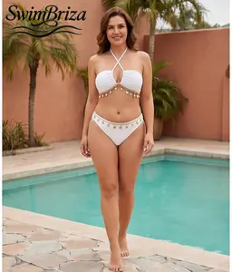Briza｜Women's White Textured Halter Bikini Set With Cut-Out And Shell Charm A Fancy Two-Piece Swimsuit For Vacation Beach Days Pool Parties And Summer Resort Getaways, Women's Swimwear, Bathing Suit for Women, Two Piece Bathing Suit