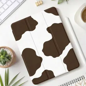 Brown Cow-Print Protective Case - Featuring an Adjustable Stand and Pen Slot. Foldable, Non-Slip TPU Cover Compatible with Samsung, iPad mini, iPad Air, iPad Pro, iPad (10th & 11th Gen), and Other iPad Series.