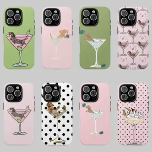 Retro Dachshund Martini Glass Print Phone Case for Phone 11-17, Air/Pro Max - Matte Soft TPU Silicone, Shockproof Women's Funny Pet Accessory y2k coquette