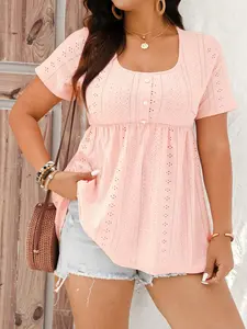 Women's Hollow Out Design Short Sleeve Top, Sweet Style Half Buttoned High Waist Slim Fit Blouse, Casual Fashion Tee, Chic