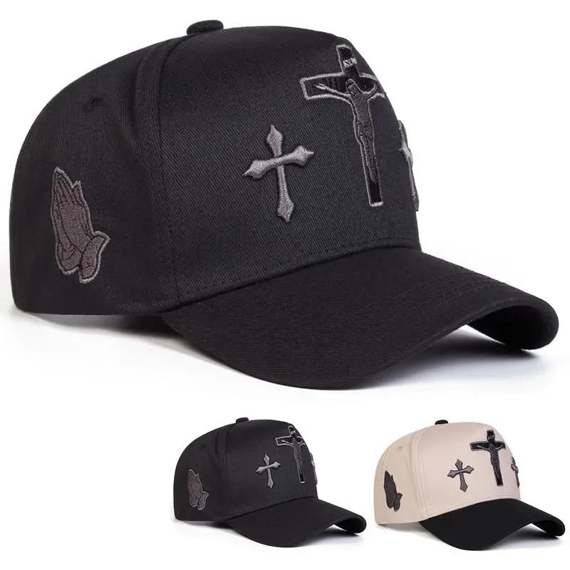 Christian Cross Embroidered Baseball Cap – Unisex Faith Inspired Adjustable Hat with Praying Hands, Casual Outdoor Cap for Daily Wear, Travel & Beach