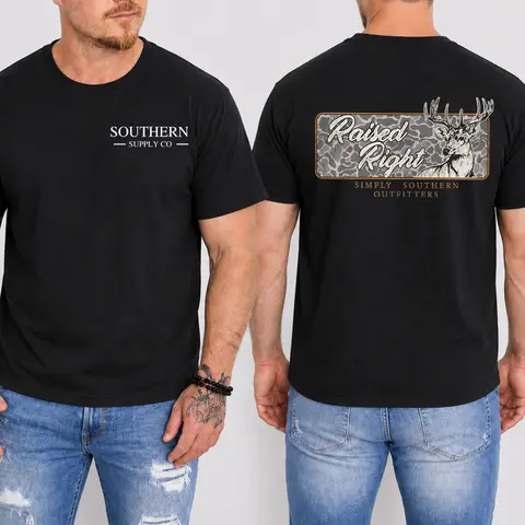 Men's Fitted Classic Rib Short-sleeve T-shirt - Soft Cotton Blend Sport Fabric, Raised Right Deer Hunting Graphic Tee, 2-Sided Retro Southern Gifts, Deer Print, Crew Men's Short-Sleeve T-Shirts, Southern Print, Two-Sided