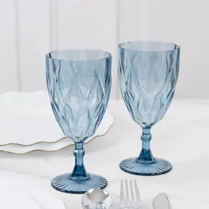12 Pack Diamond Cut Vintage Plastic Wine Goblets – Dusty Blue 11oz Embossed Reusable Drink & Cocktail Glasses