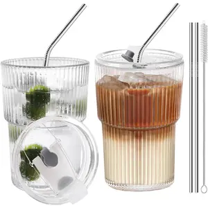 Iced Coffee Cups With  and Straws 2 count, 16 OZ Unbreakable Glasses Drinking Set,Clear Plastic Cups  Iced Coffee Tumbler with Lid and Straw, To Go Coffee Cups Dishwasher Safe