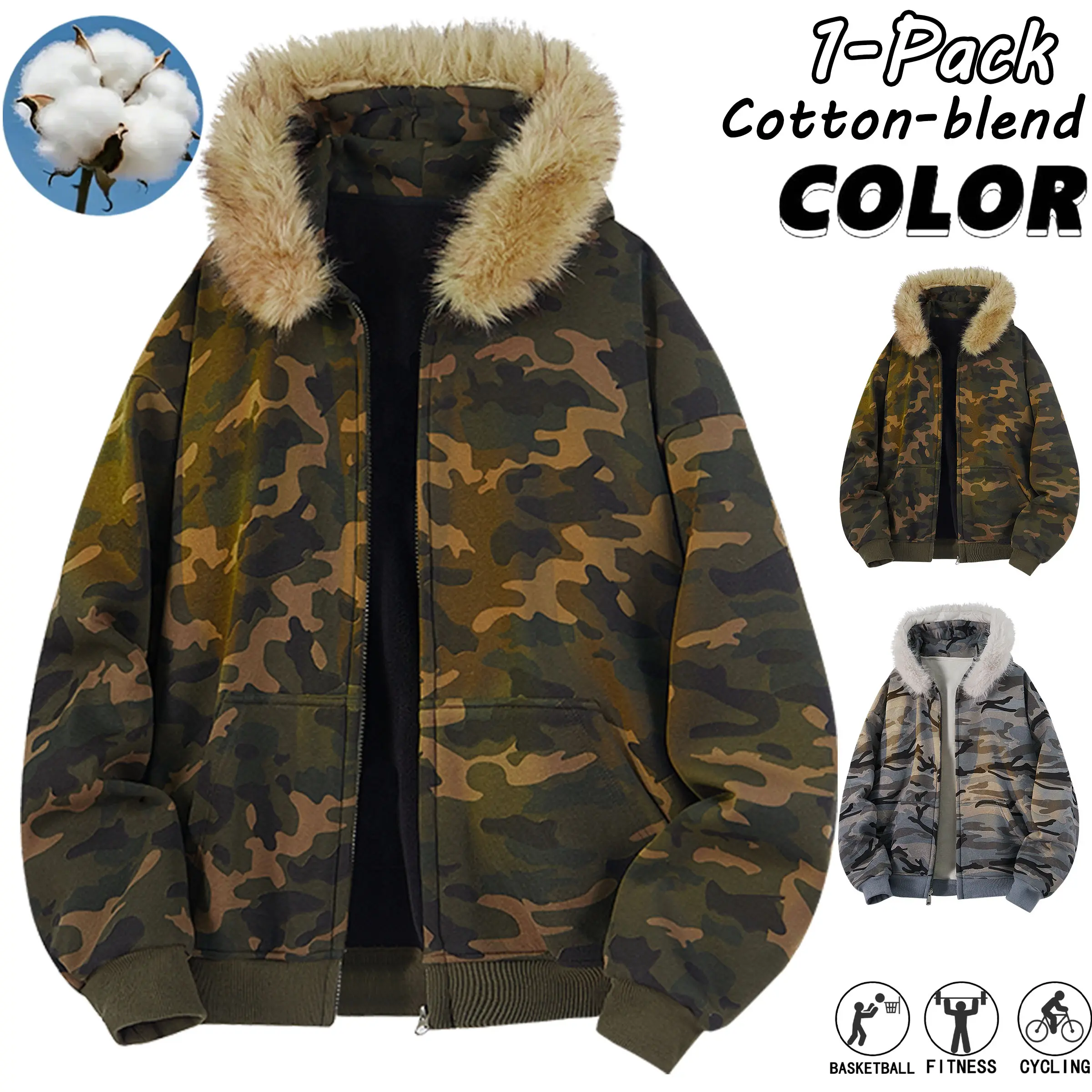 Men’s Camouflage Cotton-Blend Fleece-Lined Faux Fur Collar Hooded Sweatshirt, Thickened Menswear with Full-Length Zipper, Loose Casual Outerwear for Spring, Autumn Everyday Outings & Outdoor Sports, Sweatshirts