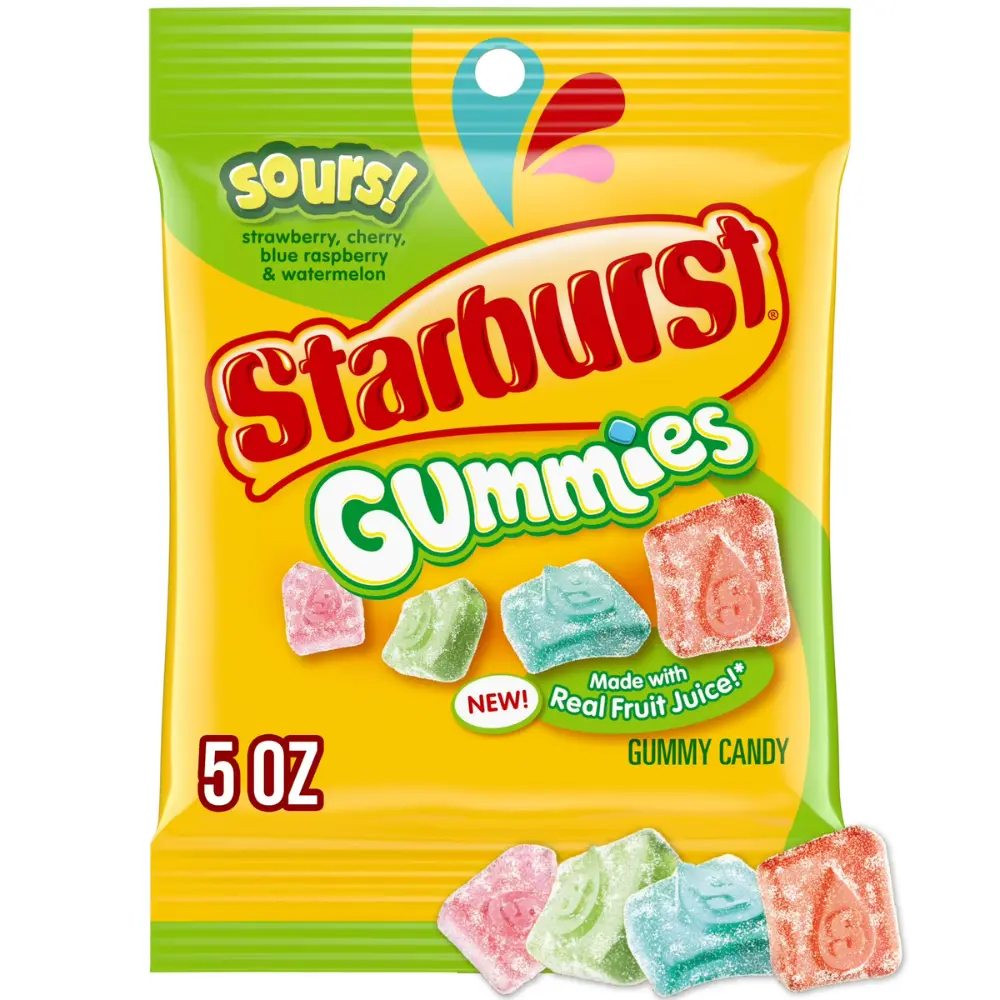 Starburst Gummies Sours Gummy Candy - 5 oz Bag with Tart Strawberry Blue Raspberry Cherry & Watermelon Flavors Soft Chewy Texture Perfect for Office Movie Nights & On-the-Go Adventures