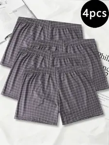 4-piece men's boxer shorts set, plaid gingham pattern, soft, comfortable and loose home sleep pants Loungewear