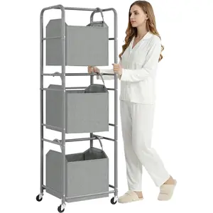 150L 3-Tier Vertical Laundry Hamper Sorter with Water-Resistant Removable Bag, Rolling Laundry Cart with Wheels & Brakes for Apartment, Dorm, Bathroom, Laundry Room, Grey