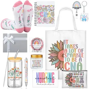 Remerry 12 Pcs CNA Week Gifts Bulk Nurse Appreciation Gift Set for Women Includes Tote Bag Pen Glass Cup Candle Notebook Bracelet Badge Holder for Graduation Teacher Student Coworker Team