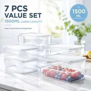 Premium 7-Piece Airtight Food Storage Container Set, 1500ml BPA-Free Clear Plastic, Leak-Proof Lids, Ultra-Stackable Design, for Meal Prep, Leftovers & Fridge Organization