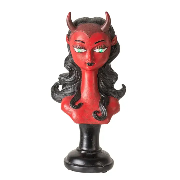 Lady Devil Bust with LED Light Gothic Red Devil Statue & Spooky Shelf Décor