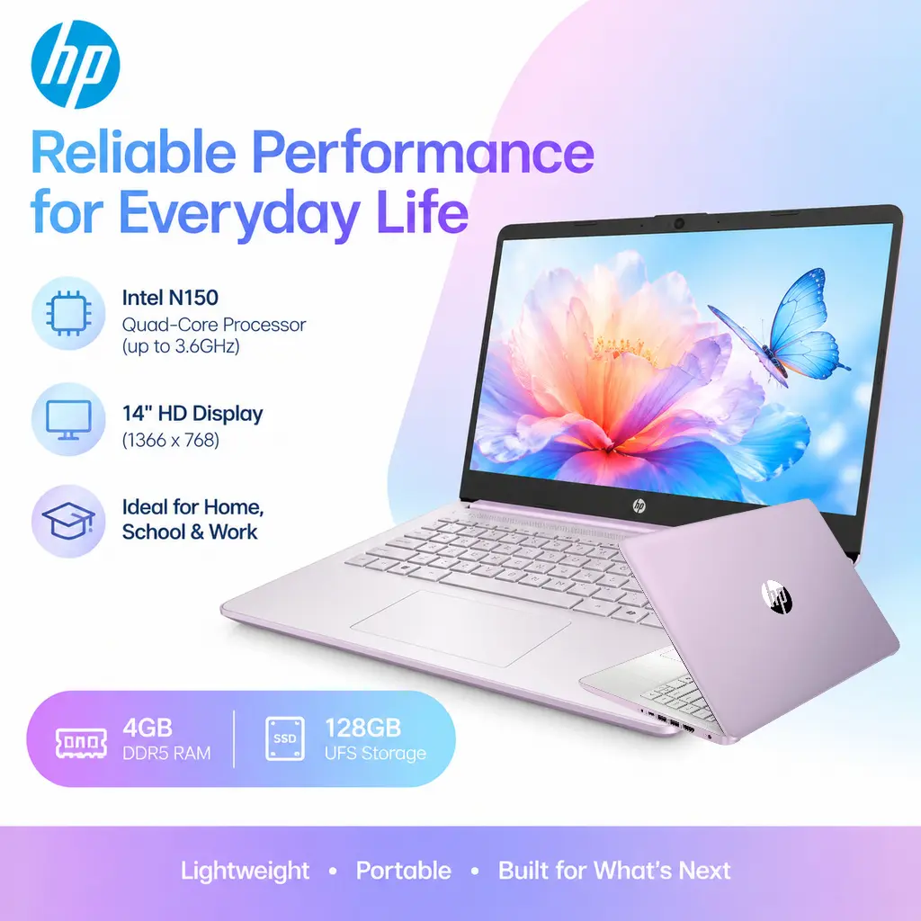 HP 14 Inch Laptop for Students and Business, Intel Quad-Core Processor N150 ,DDR4 Up to 16GB RAM, 384GB Storage（128GB+256GB SD Card), Long Battery Life, UHD Graphics, Win 11 P, Batteries, Fast Charge