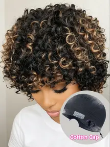 8 Inches Ultra Comfort Short Pixie Cut Wig with Bangs, Human Hair Wig, Skin Protective Cotton Cap, Deep Curly Wig for Women, Pixie Wigs