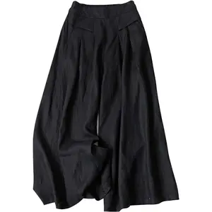 Women' s Culottes Linen Blend Wide Leg Pants Elastic Waist Casual Palazzo Trousers with Pockets Capris
