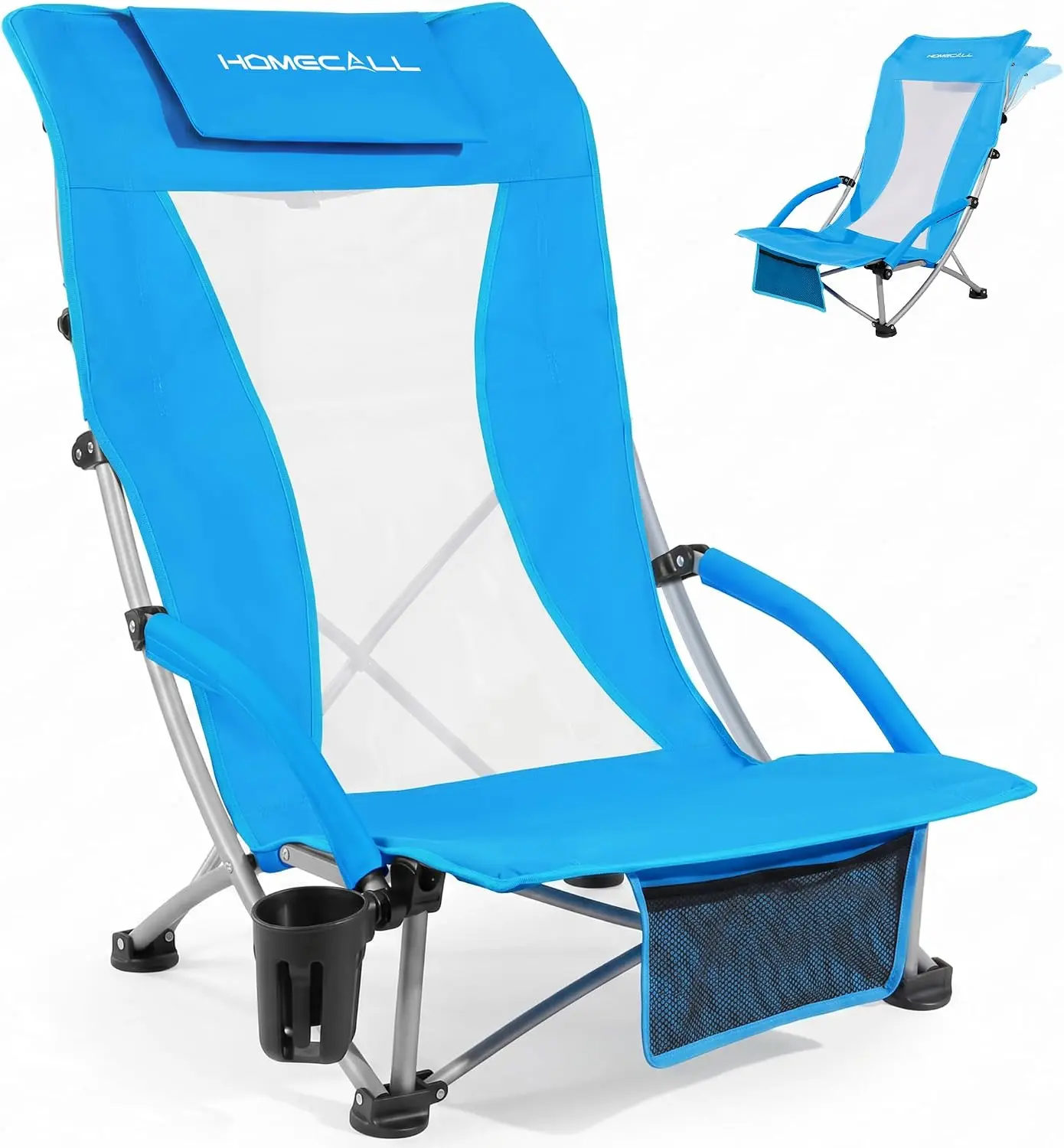 HOMECALLL Portable Low Profile High Back Mesh Beach Chair for Adults, 400LBS Load, 3-Position Adjustable Recliner with Neck Support & Cup Holder, Foldable Outdoor Lounge Chair for Beach Camping, Ocean Blue, Mesh Fabric