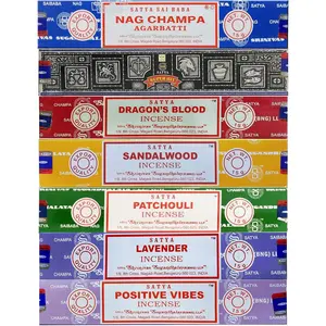 Satya Incense Gift Set Nag Champa, Super hit, Dragon's Blood, Sandalwood, Patchouli, Lavender, Positive Vibes, 15 g Aromatherapy Oil Diffuser Aromatic Fruity Fragrance Perfume Scented