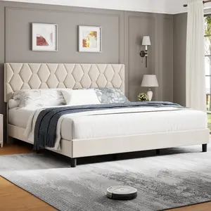 【GARVEE】Queen Size Platform Bed Frame with Upholstered Headboard and Wooden Slats Support, Upholstered Mattress Foundation/No Box Spring Needed/Easy Assembly, Beige