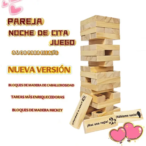 Wooden Block Tower Game - Spanish Version, Toys for Grown Ups, Dating & Home Party Supplies, Enhances Bonding, Adds Excitement, Couple & Friend Gift