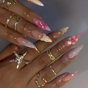 HelenNails – Tropical Vibes Press On Nails | Pink Ombré & 3D Floral Beach-Inspired Nail Art Set for Summer Style – HL377