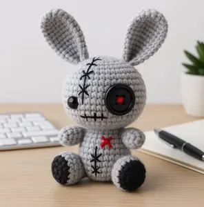 Creepy Cute Bunny Crochet Doll Handmade Amigurumi Gothic Plush Button Eye Stuffed Toy Spooky Decor Unique Gift for Halloween Collectors