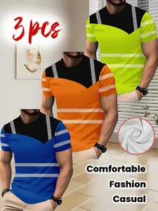 Men's Fashion Spring Summer 3-Piece Reflective Safety Printed Round Neck Short Sleeve T-Shirt, Casual Streetwear, Perfect Gift Choice