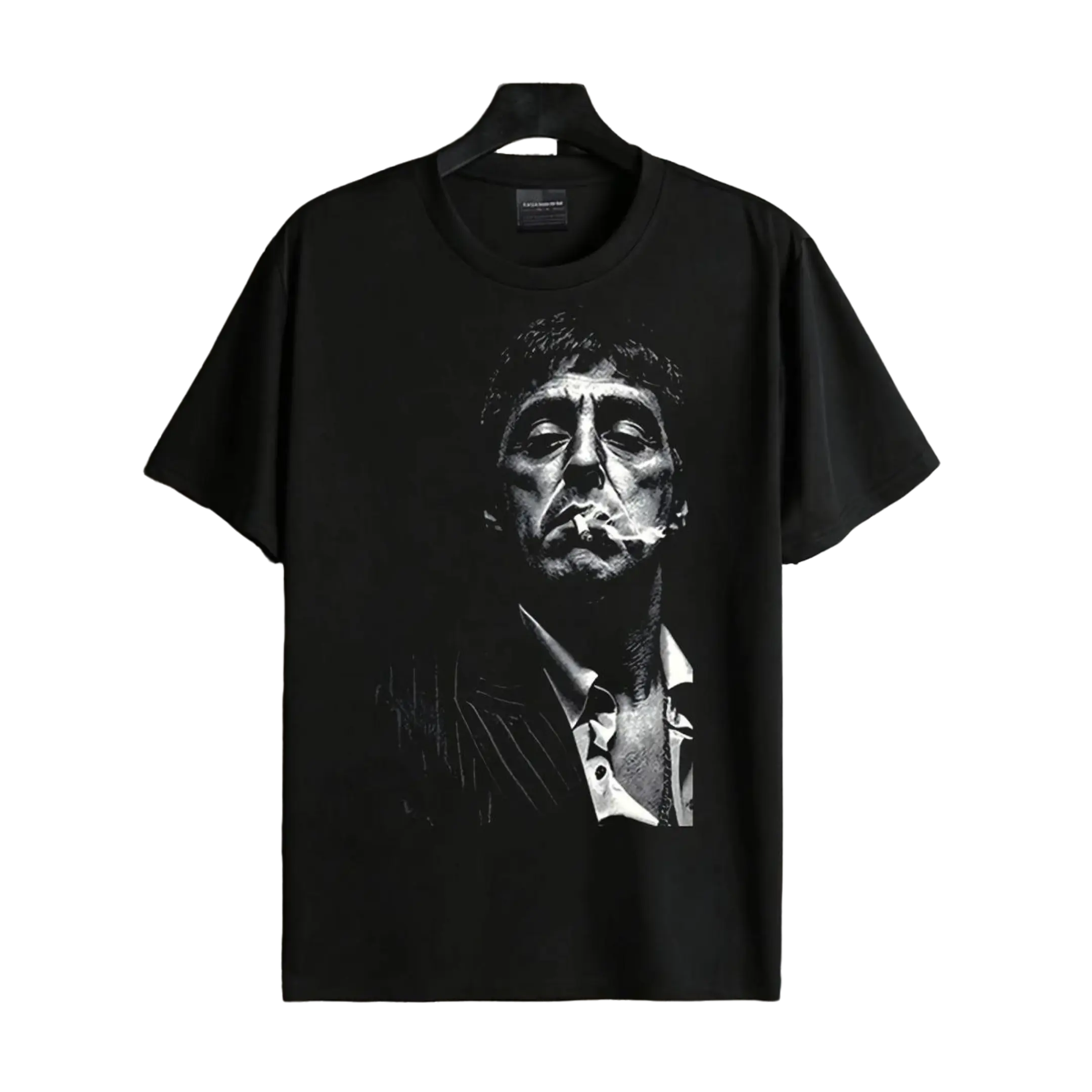 Men's 180g High-Quality Black and White T-Shirt - Mens Clothing, Local Shop, Gangster Smoking Portrait Tony Montana Print, Men's Tops