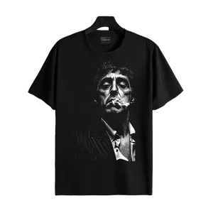 Men's 180g High-Quality Black and White T-Shirt - Mens Clothing, Local Shop, Gangster Smoking Portrait Tony Montana Print, Men's Tops