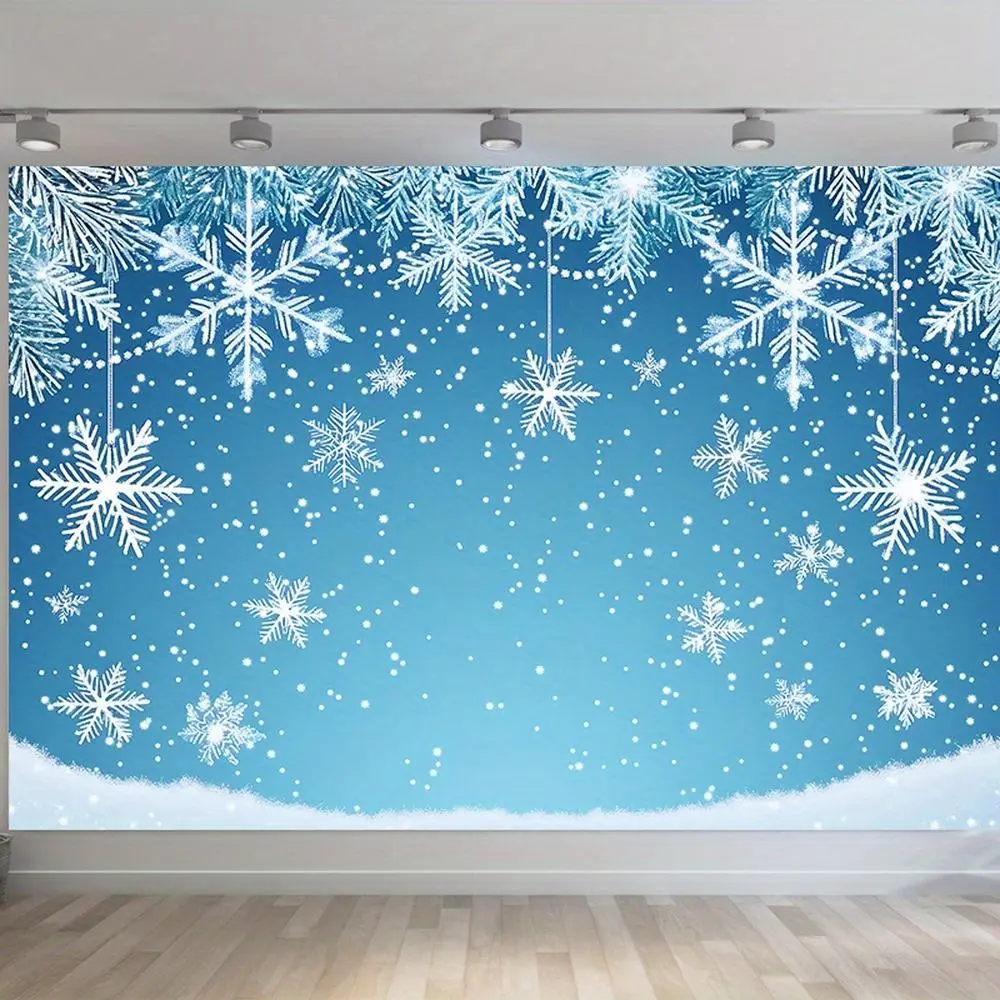 1PC Blue-Themed 2D Flat Polyester Christmas Snowflake Backdrop Banner, High-Definition Digital Printed Reusable Decor Cloth, Shooting Curtain Background for Christmas Party Photography & Birthday Events