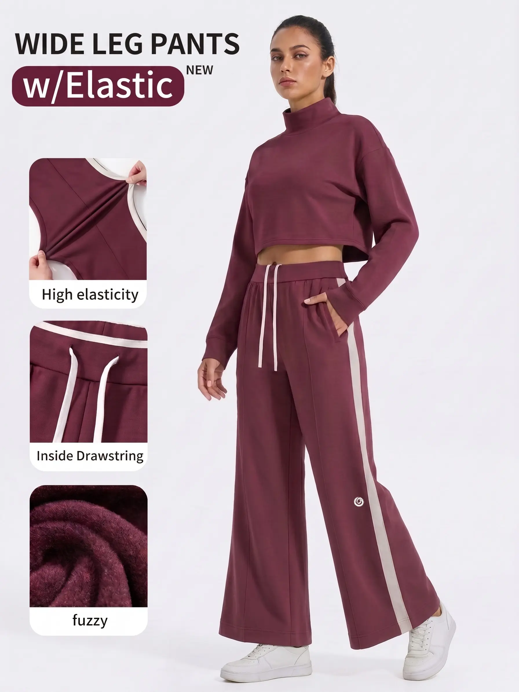 UnciaActive Women's Fleece-Lined Wide Leg Sweatpants - High Waist Soft Fuzzy Thermal Joggers with Hidden Drawcord, High Elastic Loose Fit, Side Stripes, Pockets - Full Length Women's Gym Wear for Commute, Gym backtoschool