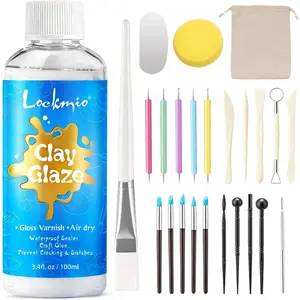 3.4FL OZ Air Dry Clay Glaze & 25pcs Tool Kit, Gloss Clay Varnish Protective Sealant to Prevent Cracking, Scratching & Wear - Pottery Tools for Stippling, Carving, Molding & Shaping Clay Crafts (Gloss)