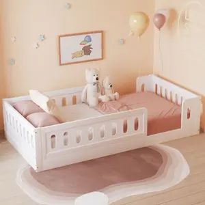 Twin Platform Bed, Wood, with Guardrail, Solid Wood Bed Frame, Low Profile, for Bedroom, White Twin Platform Bed, Wood, with Guardrail, Solid Wood Bed Frame, Low Profile, for Bedroom, White