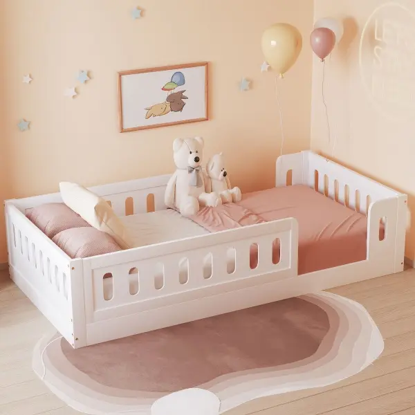 Twin Platform Bed, Wood, with Guardrail, Solid Wood Bed Frame, Low Profile, for Bedroom, White