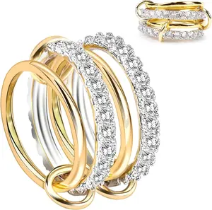 Stackable Rings For Women Interlocked Ring Stack Interlocking mixed Metal Silver And Gold Set Size 5-11 18k Gold Plated Cubic Zirconia Rings