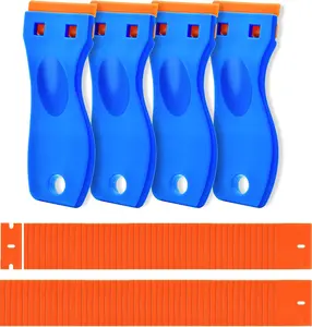 4 Pcs Plastic Razor Blade Scraper and 120 Pcs Blades, Remove Label Decal Tool,Forwithout Scratches Plastic Razor Blade Scraper, Adhesive Remover for Kitchen Appliances,Stickers and Paints on Window