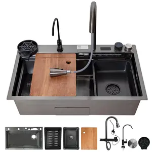Exquimac 17.7"D x 31.5"W 304 Stainless Steel Waterfall Kitchen Sink, Single Bowl Drop In Sink with Digital Display, Pressurized Cup Washer, Spring Pull-Down Faucet, and Accessories