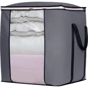 120L Extra Large Blanket Storage Bags Breathable Clothes Storage Containers for King Comforter Bedding Pillow Sheet, Reinforced Handles, Grey