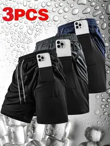 3-Pack Men's Basketball Shorts, Loose Casual Athletic Style, Elastic Waist Drawstring Design, Polyester Ideal for Running & Gym, Lightweight Workout Shorts